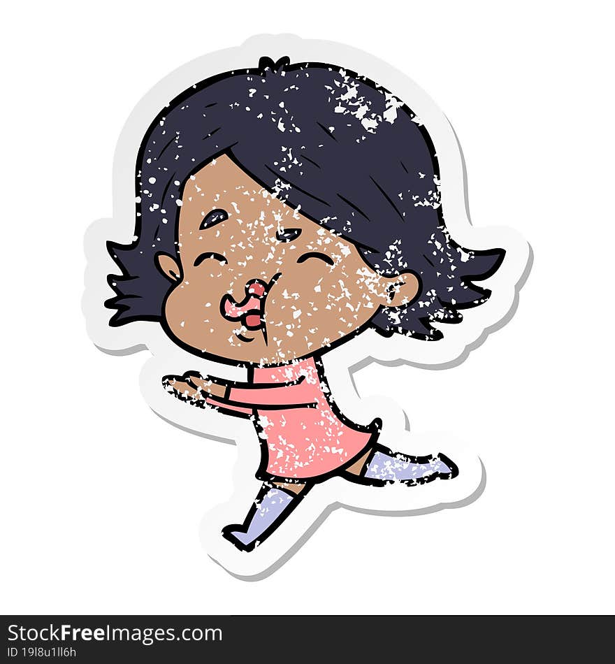 Distressed Sticker Of A Cartoon Girl Pulling Face