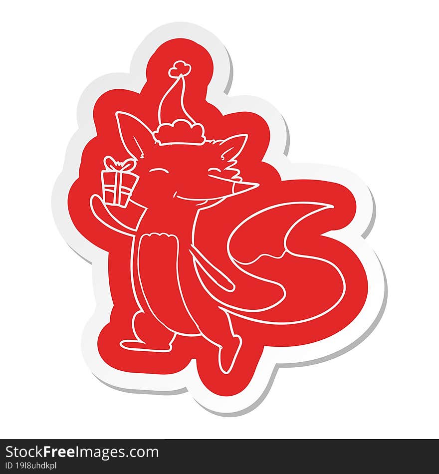 cartoon  sticker of a happy fox wearing santa hat