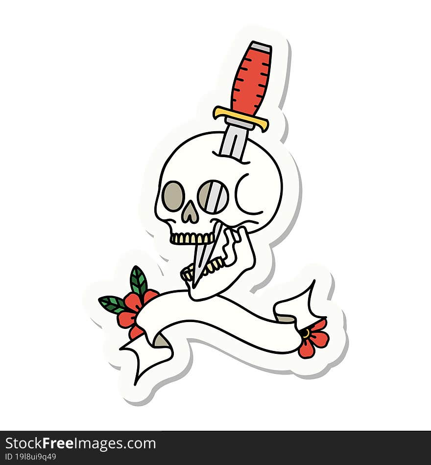 tattoo sticker with banner of a skull and dagger