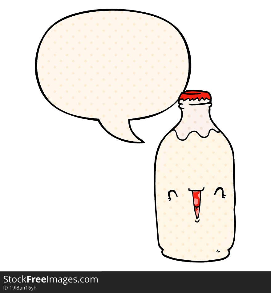 cute cartoon milk bottle with speech bubble in comic book style