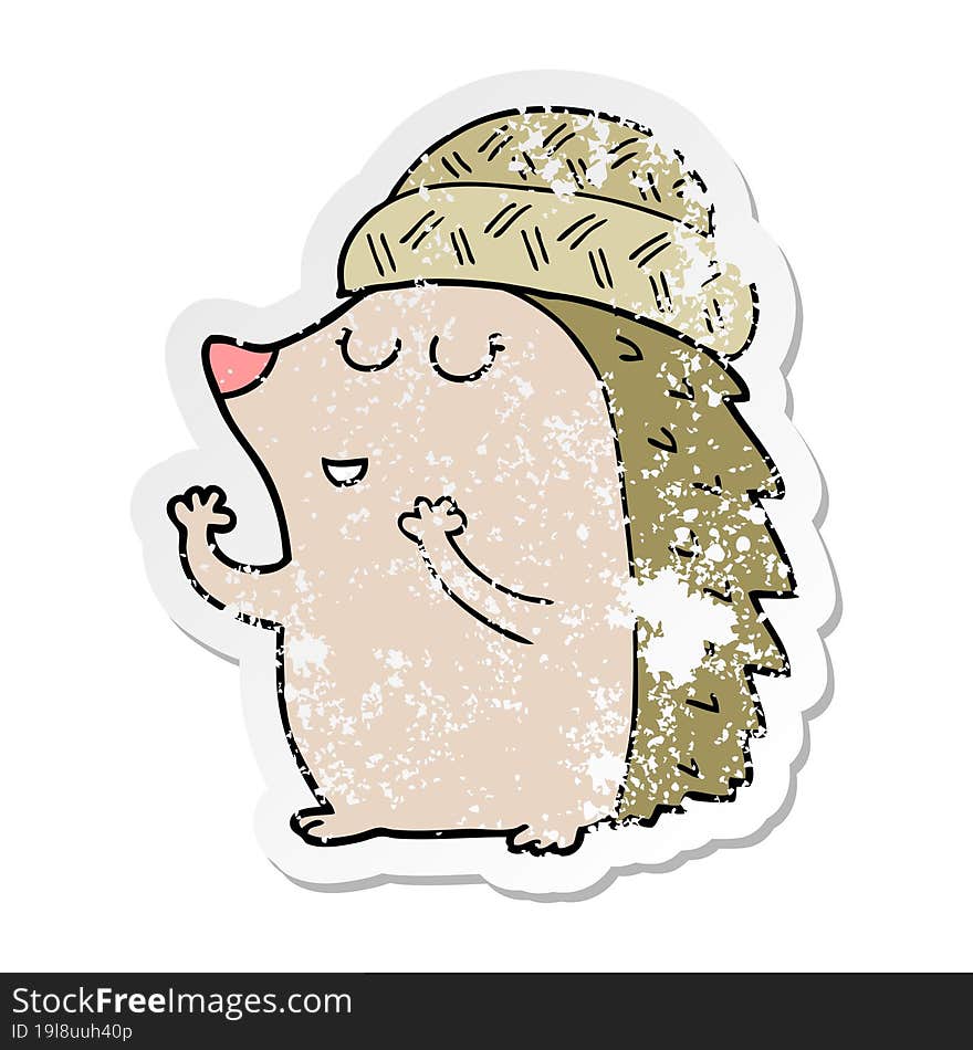 distressed sticker of a cartoon hedgehog wearing hat