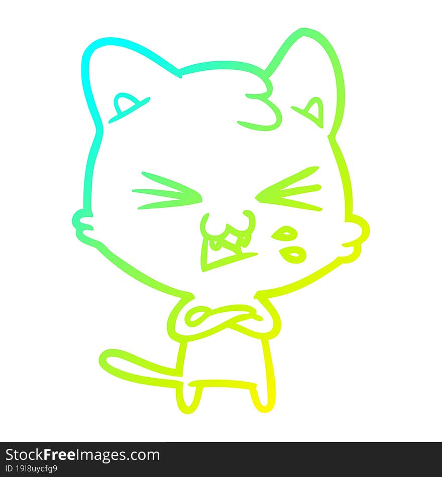 cold gradient line drawing of a cartoon cat hissing