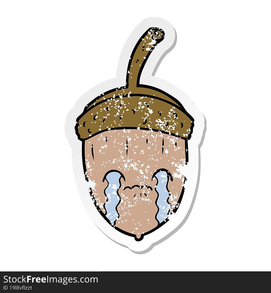 distressed sticker of a cartoon crying acorn