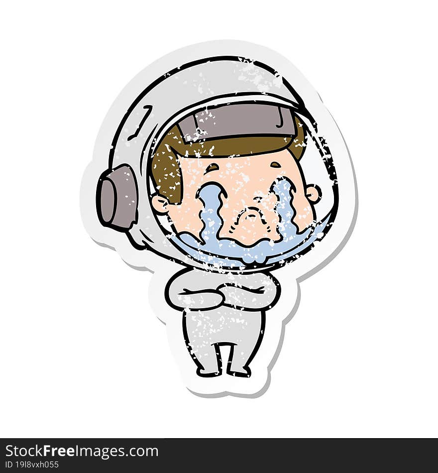 distressed sticker of a cartoon crying astronaut