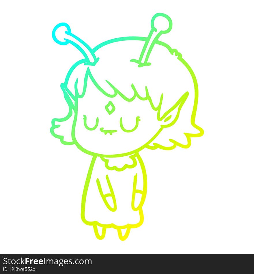 cold gradient line drawing of a cartoon alien girl