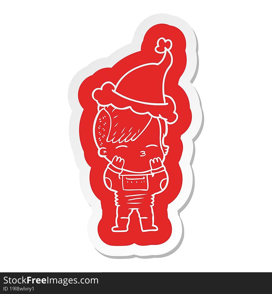 cartoon  sticker of a girl wearing futuristic clothes wearing santa hat