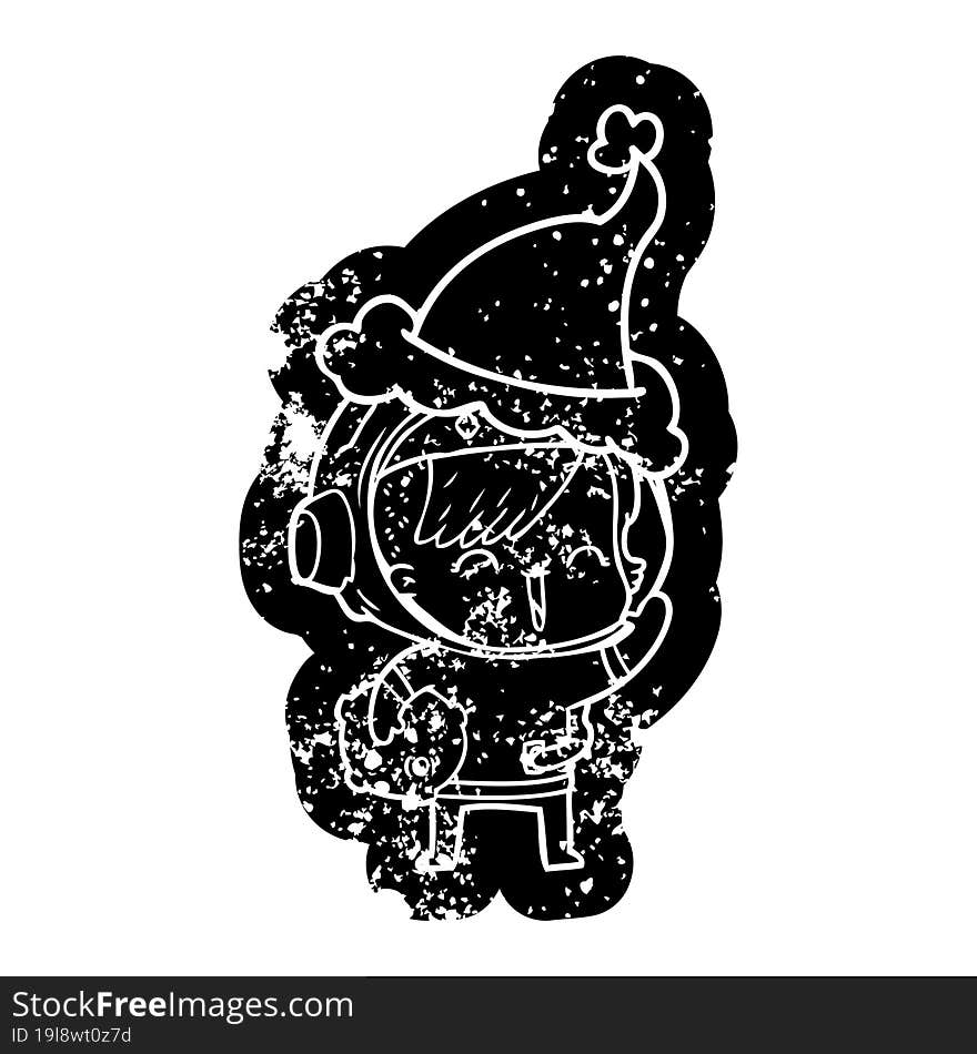 cartoon distressed icon of a happy spacegirl holding moon rock wearing santa hat