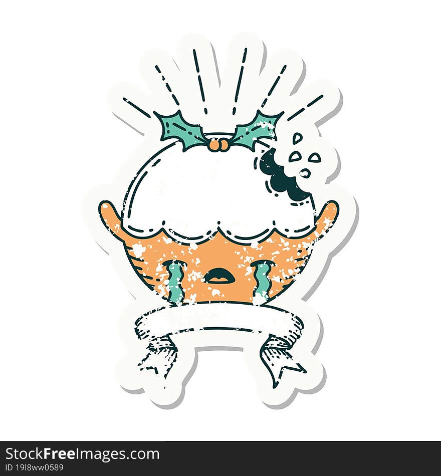 grunge sticker of tattoo style christmas pudding character crying