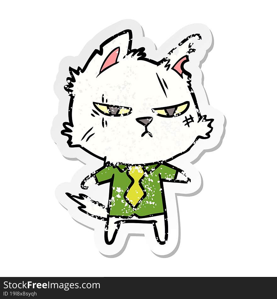 distressed sticker of a tough cartoon cat in shirt and tie