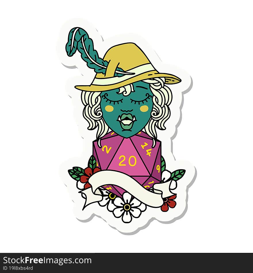 singing half orc bard character with natural twenty dice roll sticker