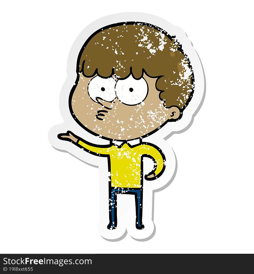 distressed sticker of a cartoon curious boy