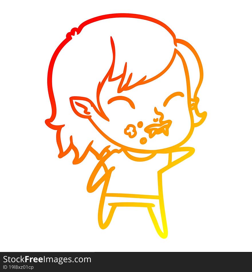 warm gradient line drawing cartoon vampire girl with blood on cheek