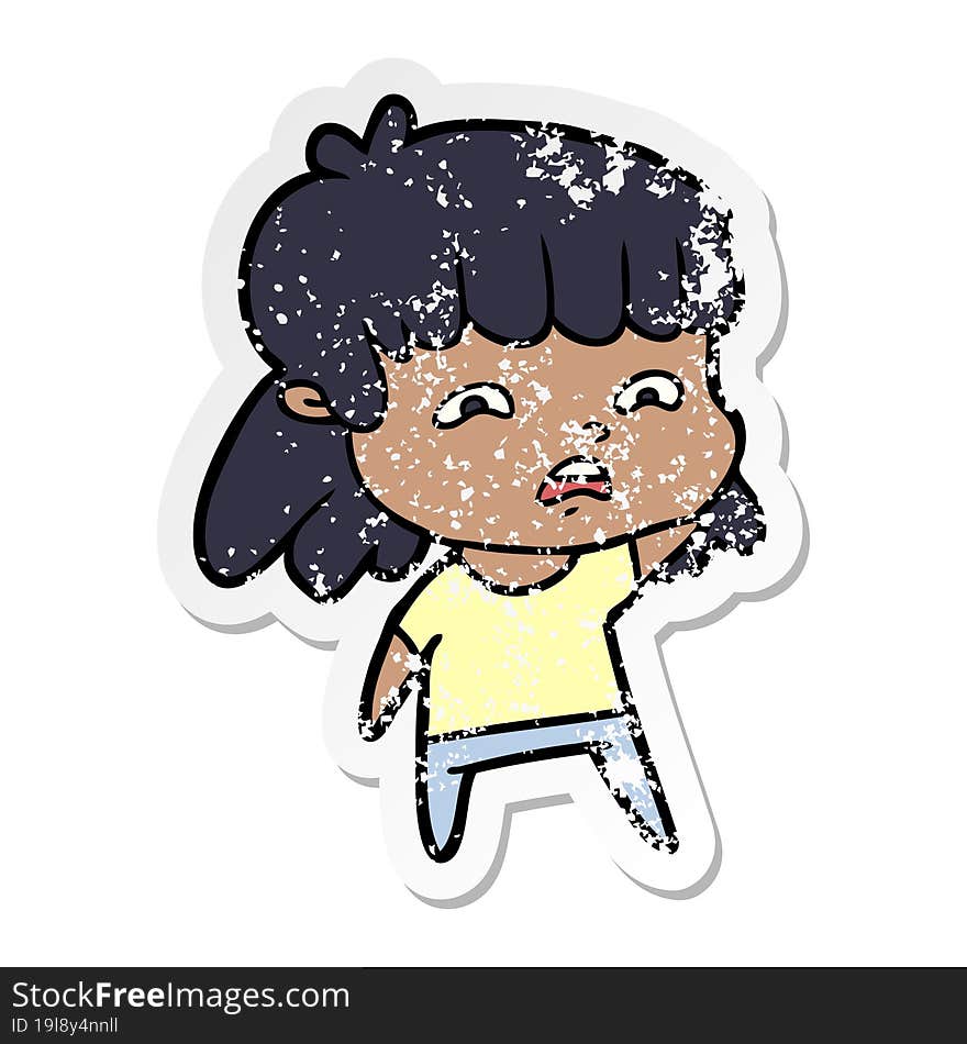 distressed sticker of a cartoon worried woman