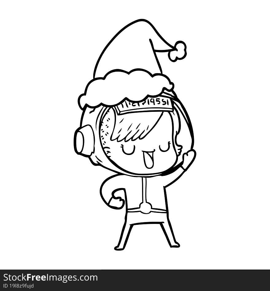 line drawing of a astronaut woman wearing santa hat