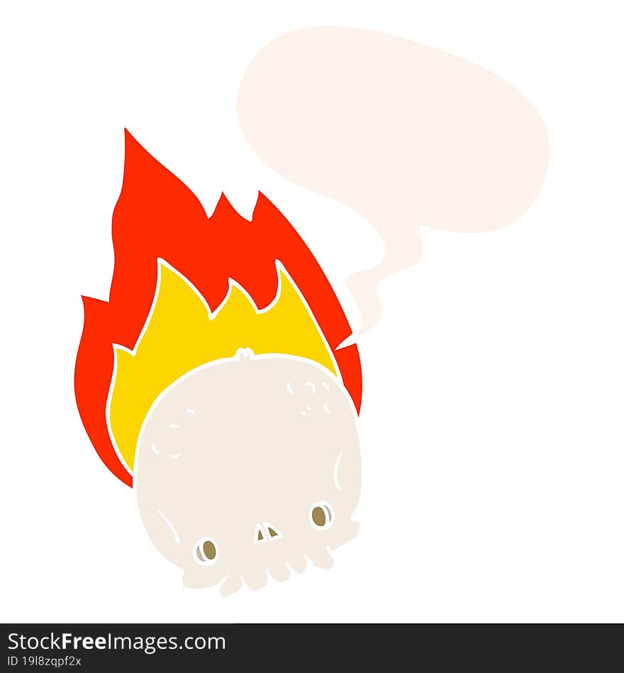 spooky cartoon flaming skull and speech bubble in retro style