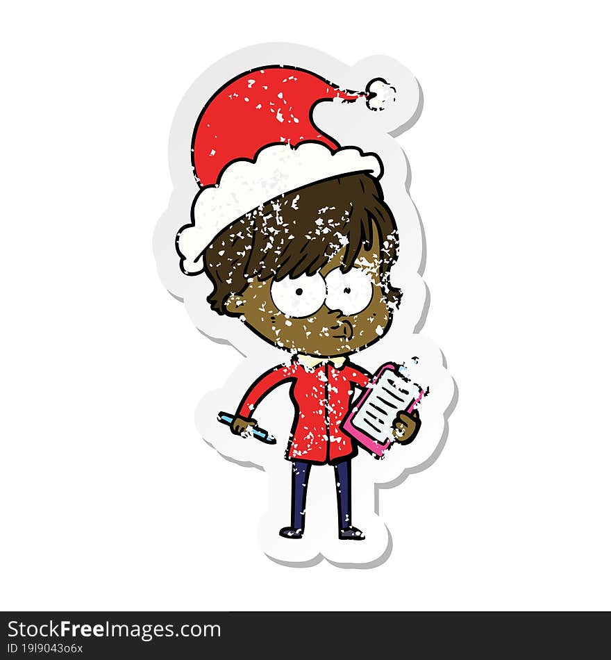 hand drawn distressed sticker cartoon of a woman wearing santa hat