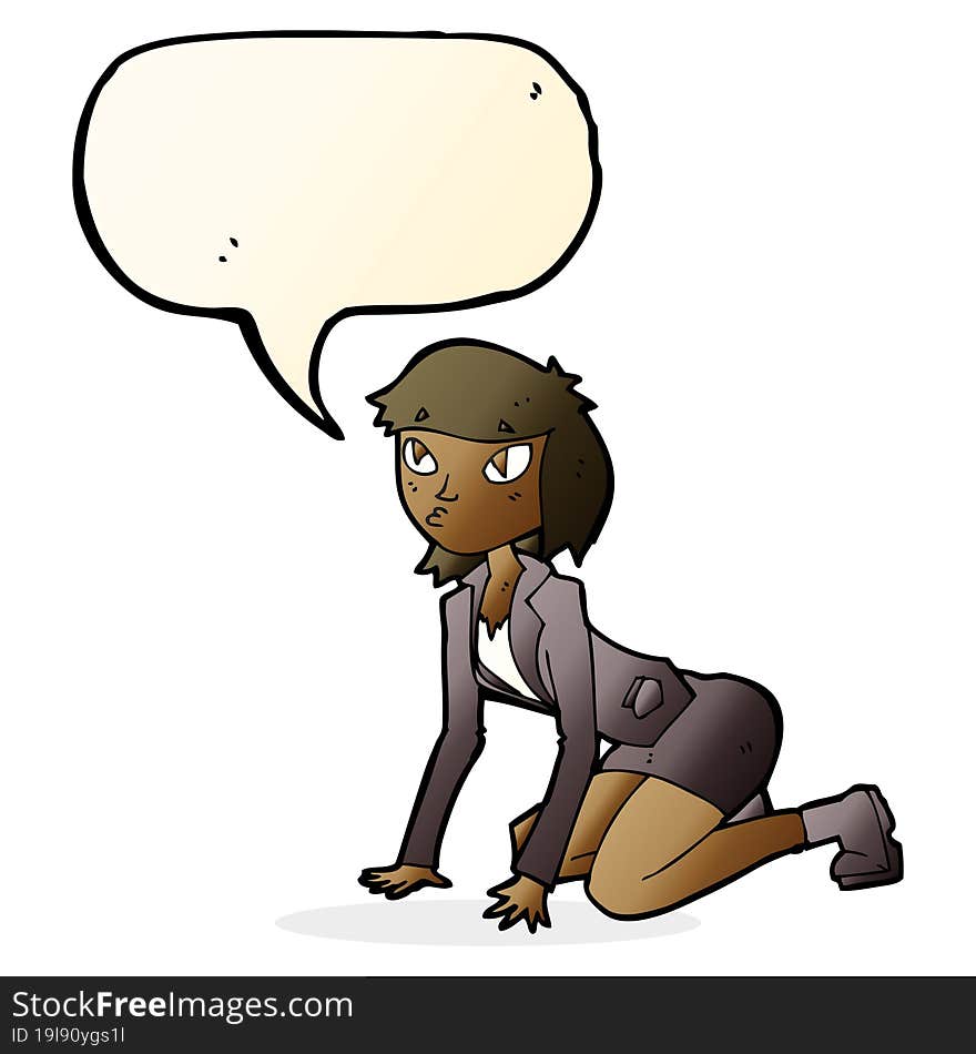 Cartoon Woman On Hands And Knees With Speech Bubble