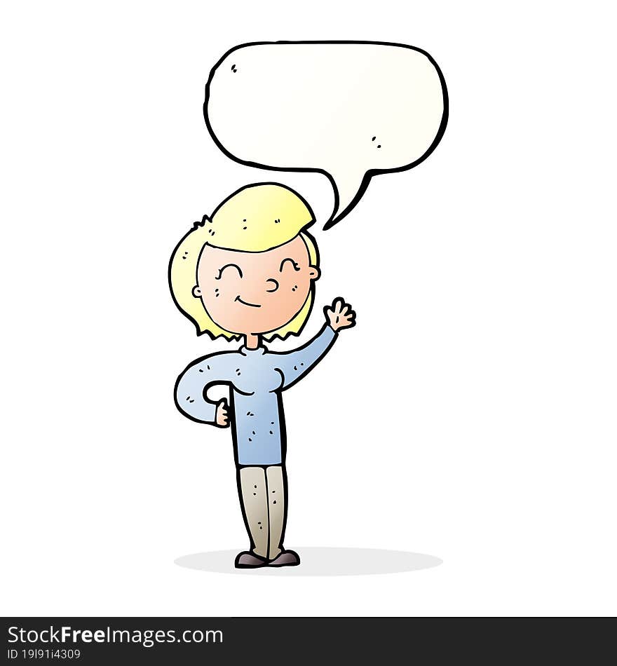 cartoon friendly waving woman with speech bubble