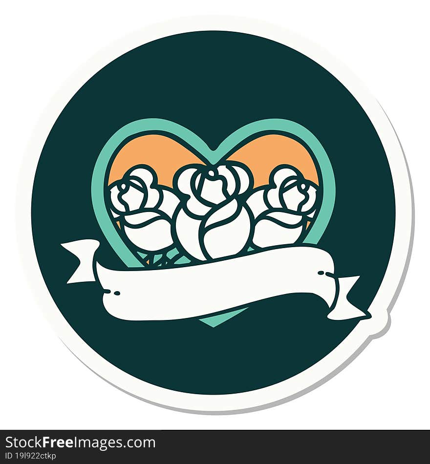 sticker of tattoo in traditional style of a heart and banner with flowers. sticker of tattoo in traditional style of a heart and banner with flowers