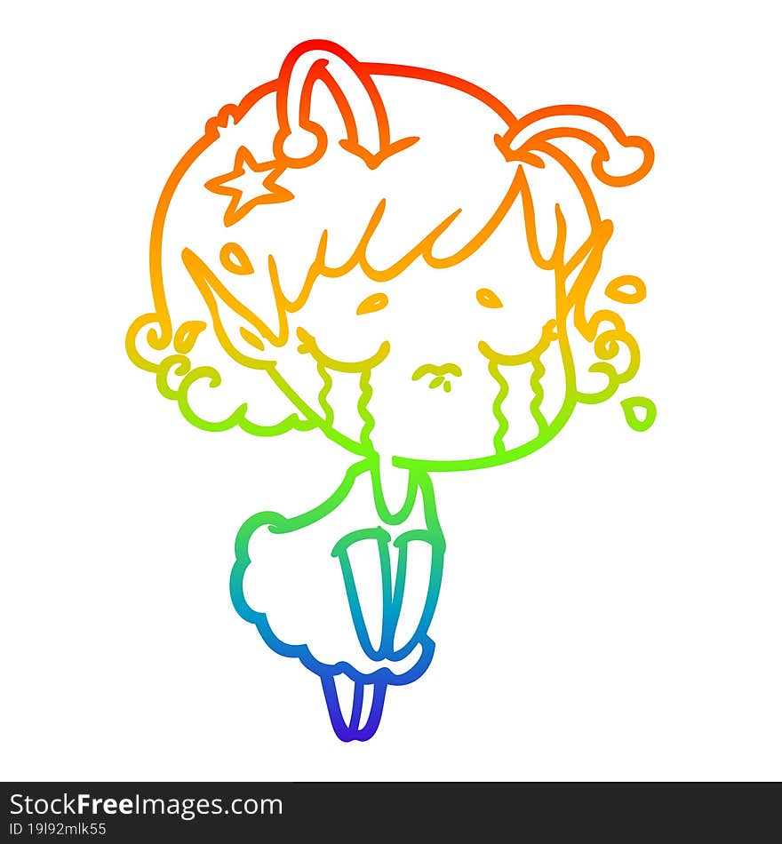 rainbow gradient line drawing cartoon crying alien girl