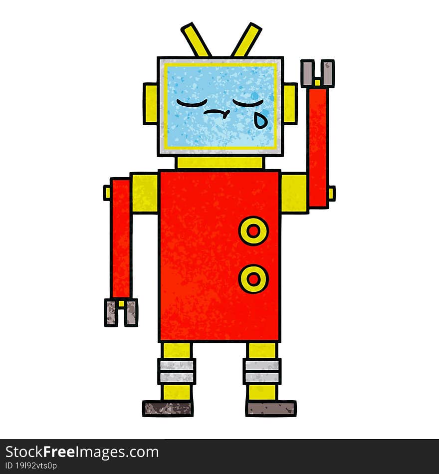 retro grunge texture cartoon of a crying robot