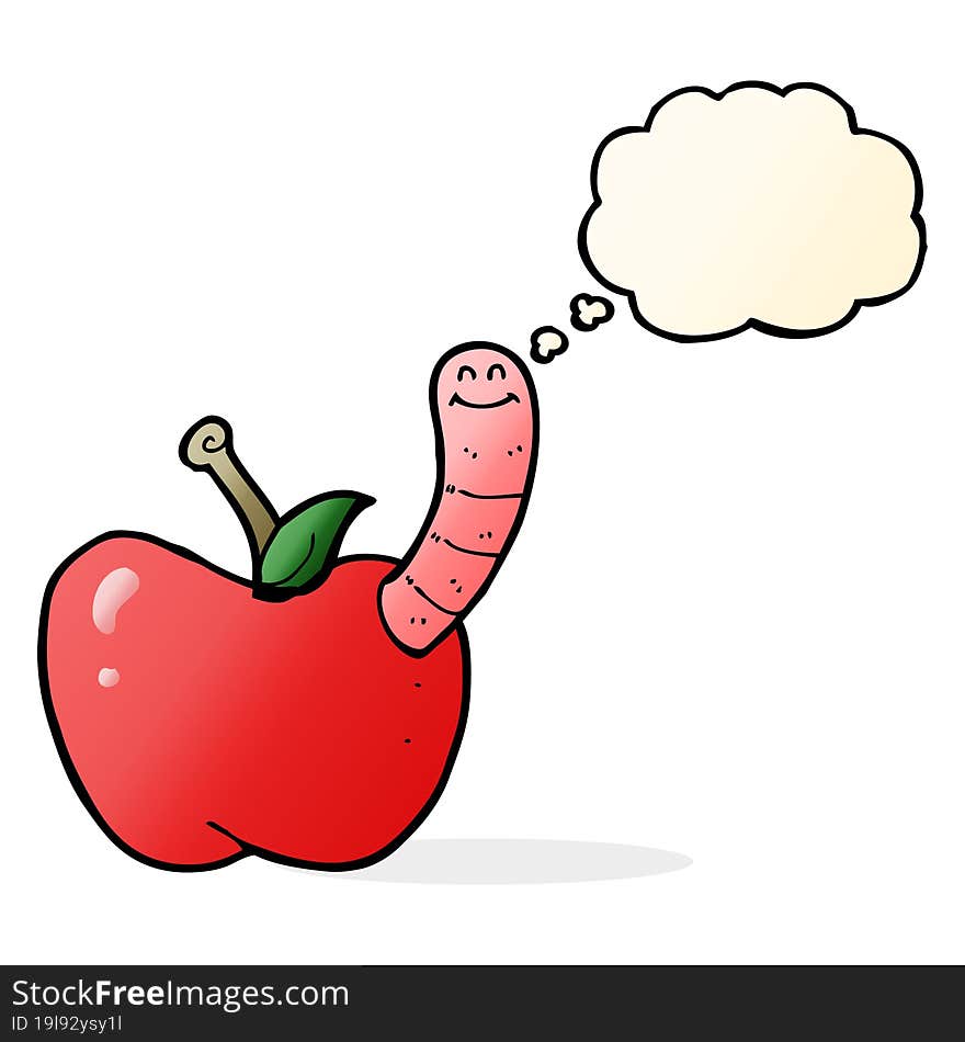 cartoon apple with worm with thought bubble