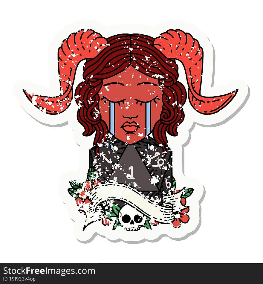 grunge sticker of a crying tiefling with natural one D20 dice roll. grunge sticker of a crying tiefling with natural one D20 dice roll