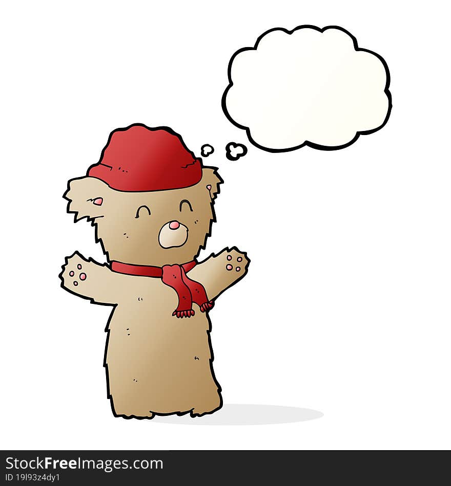 cartoon teddy bear in hat and scarf with thought bubble