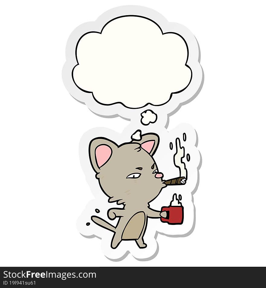 cartoon cat with coffee and cigar and thought bubble as a printed sticker