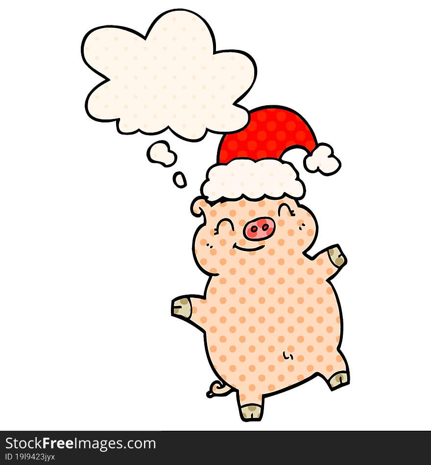 cartoon happy christmas pig and thought bubble in comic book style