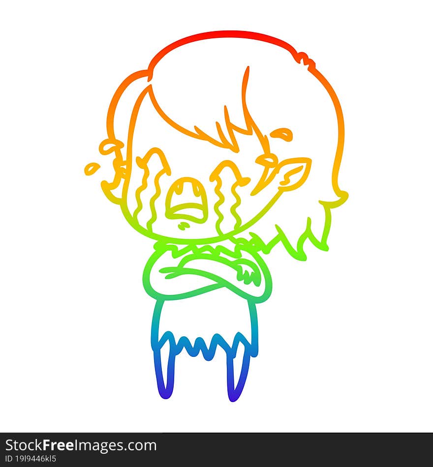 rainbow gradient line drawing cartoon crying vampire girl