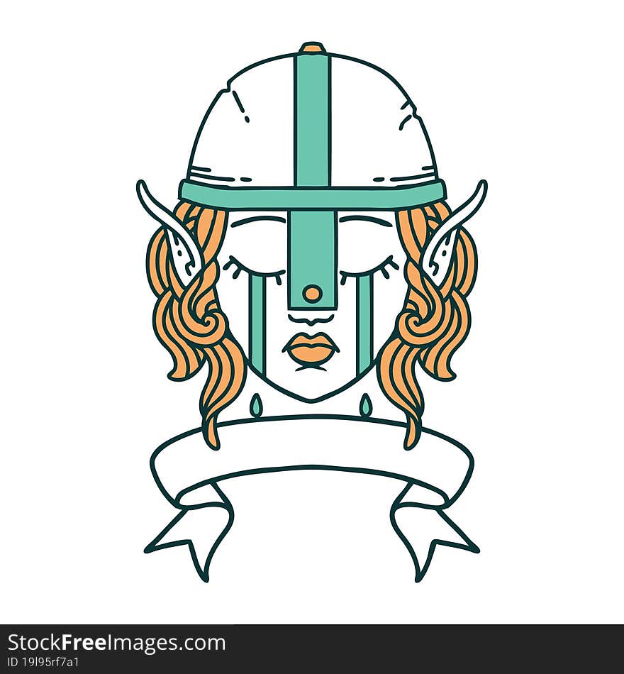 Retro Tattoo Style crying elf fighter character face with banner. Retro Tattoo Style crying elf fighter character face with banner