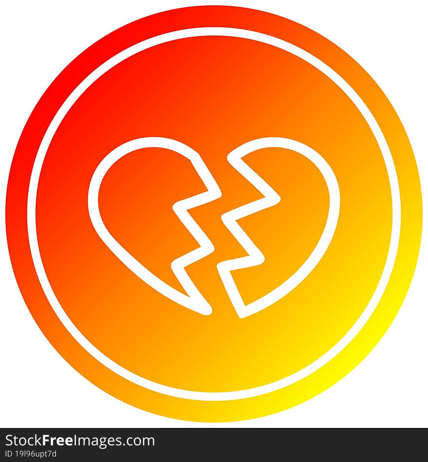 broken heart circular icon with warm gradient finish. broken heart circular icon with warm gradient finish