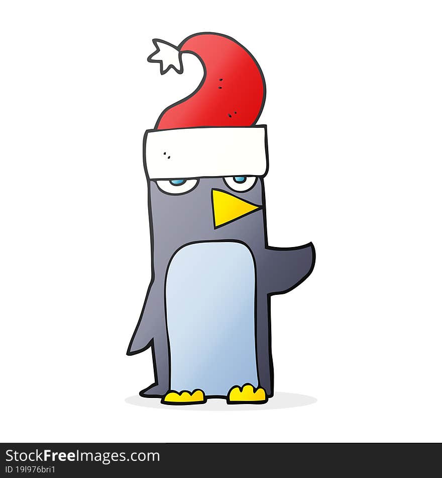 freehand drawn cartoon penguin in christmas hat