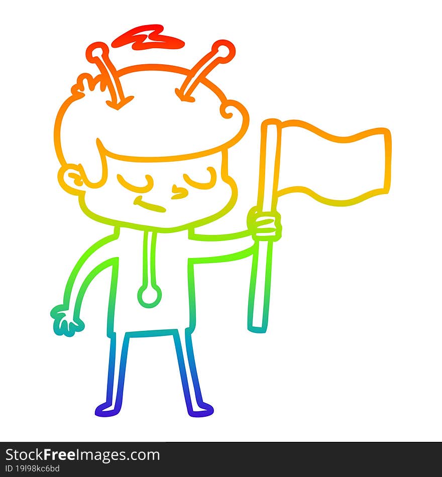 rainbow gradient line drawing friendly cartoon spaceman with white flag