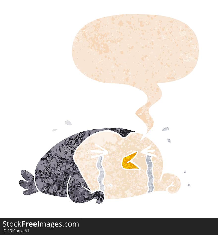 cartoon crying penguin and speech bubble in retro textured style