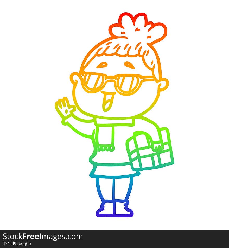 rainbow gradient line drawing cartoon happy woman wearing spectacles