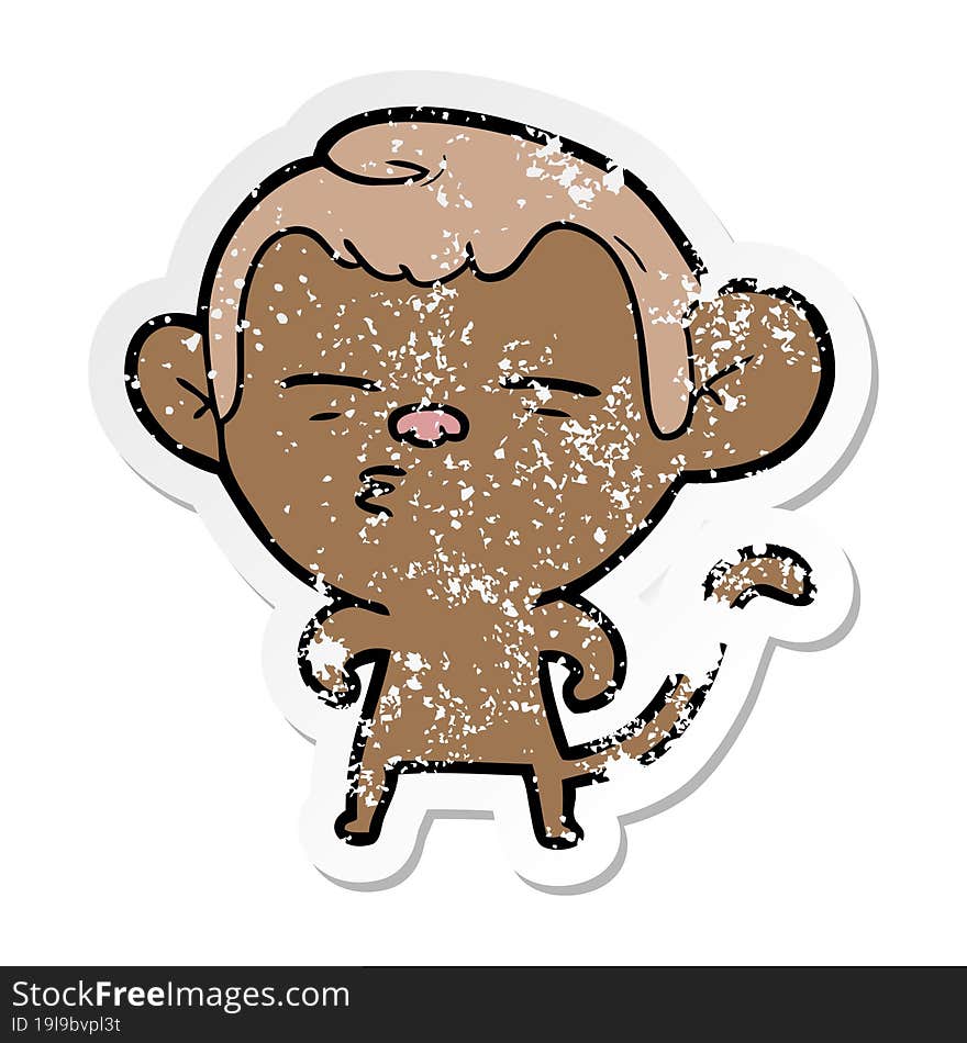 distressed sticker of a cartoon suspicious monkey