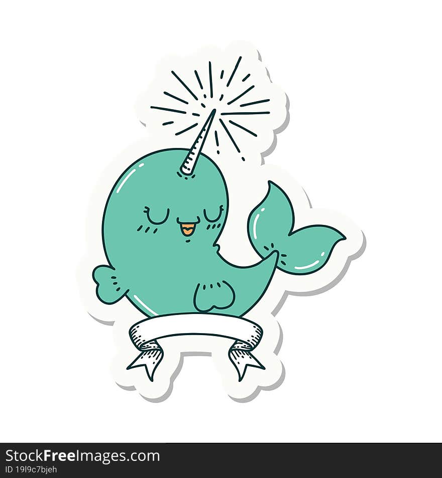 sticker of tattoo style happy narwhal