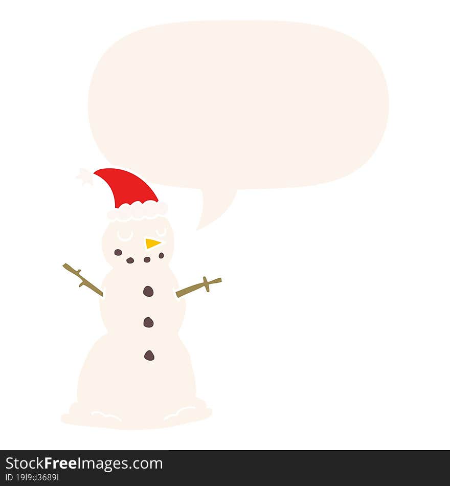 cartoon christmas snowman and speech bubble in retro style