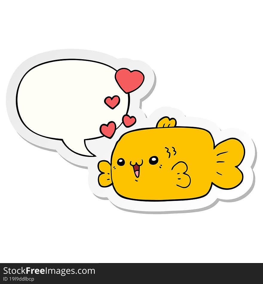 cute cartoon fish with love hearts with speech bubble sticker. cute cartoon fish with love hearts with speech bubble sticker