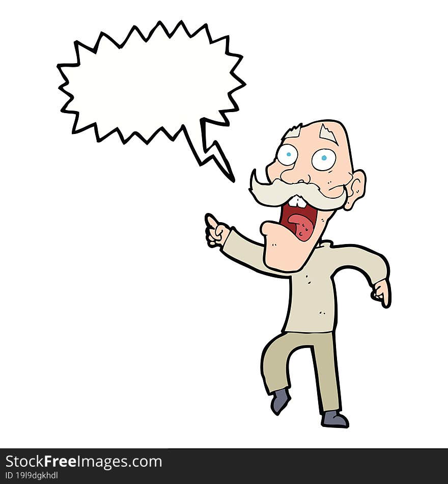 cartoon frightened old man with speech bubble