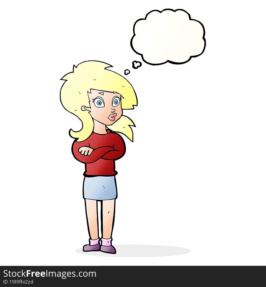 cartoon woman with folded arms with thought bubble