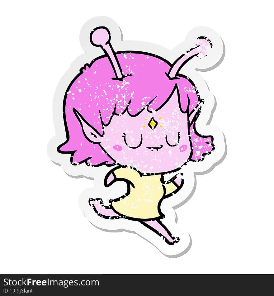 distressed sticker of a cartoon alien girl