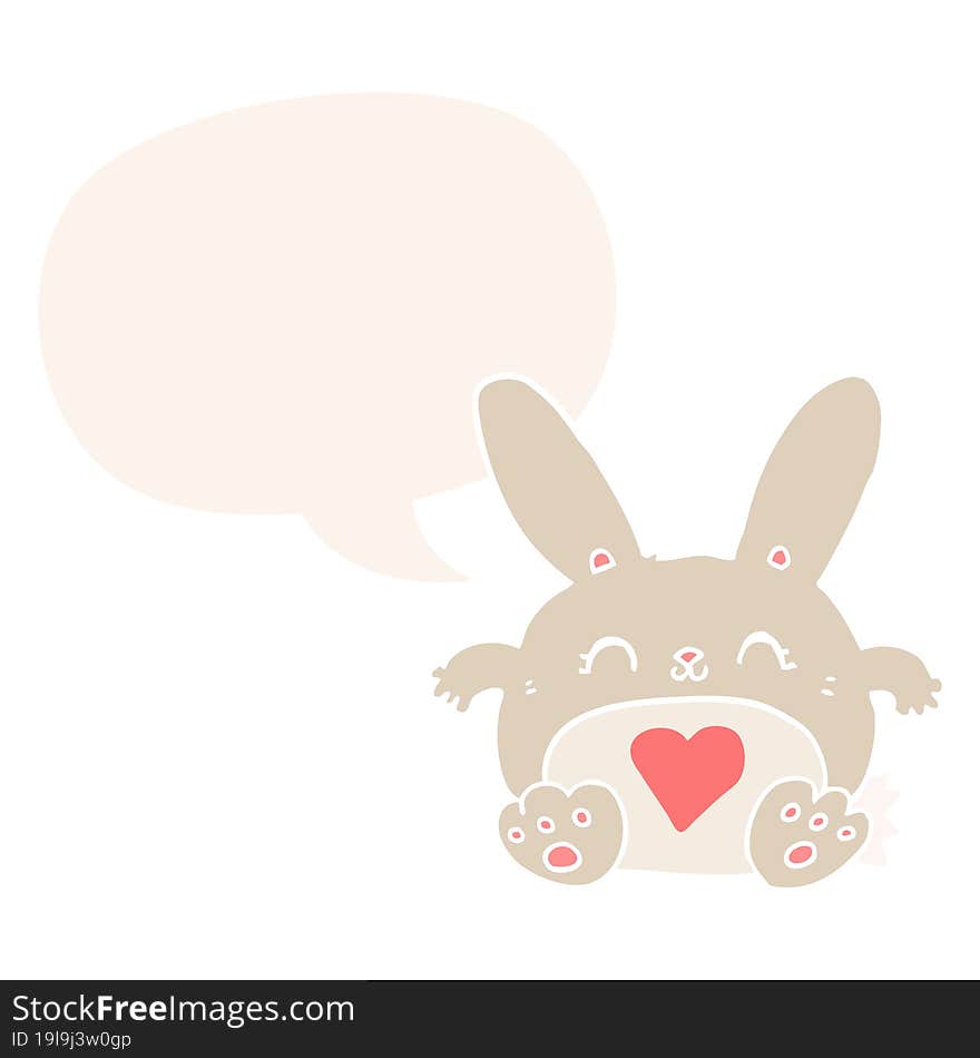 cute cartoon rabbit with love heart with speech bubble in retro style. cute cartoon rabbit with love heart with speech bubble in retro style