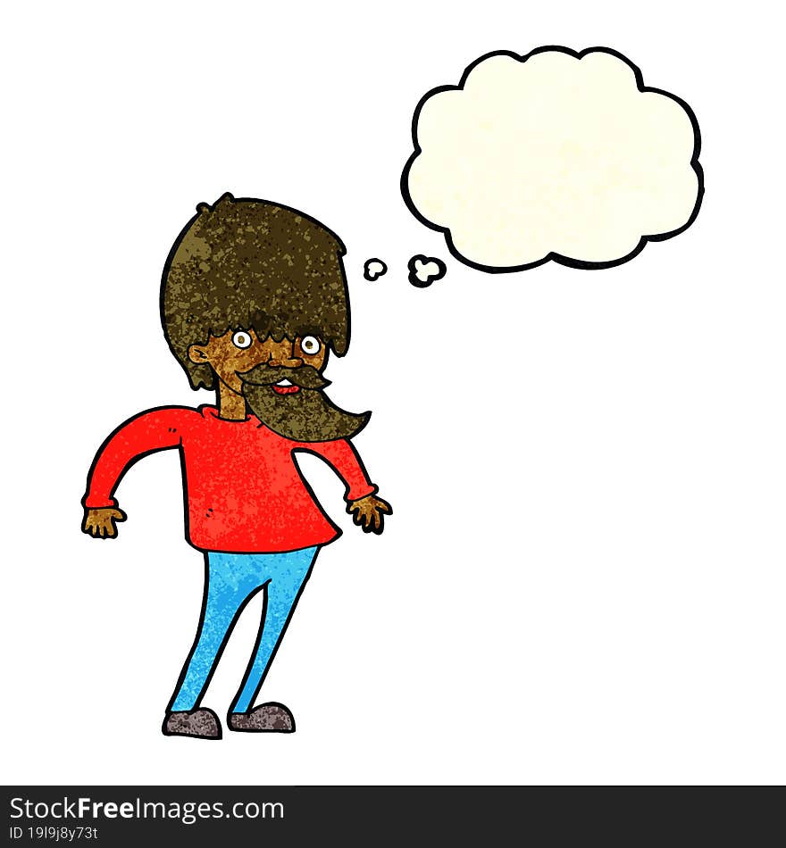 cartoon bearded man shrugging shoulders with thought bubble