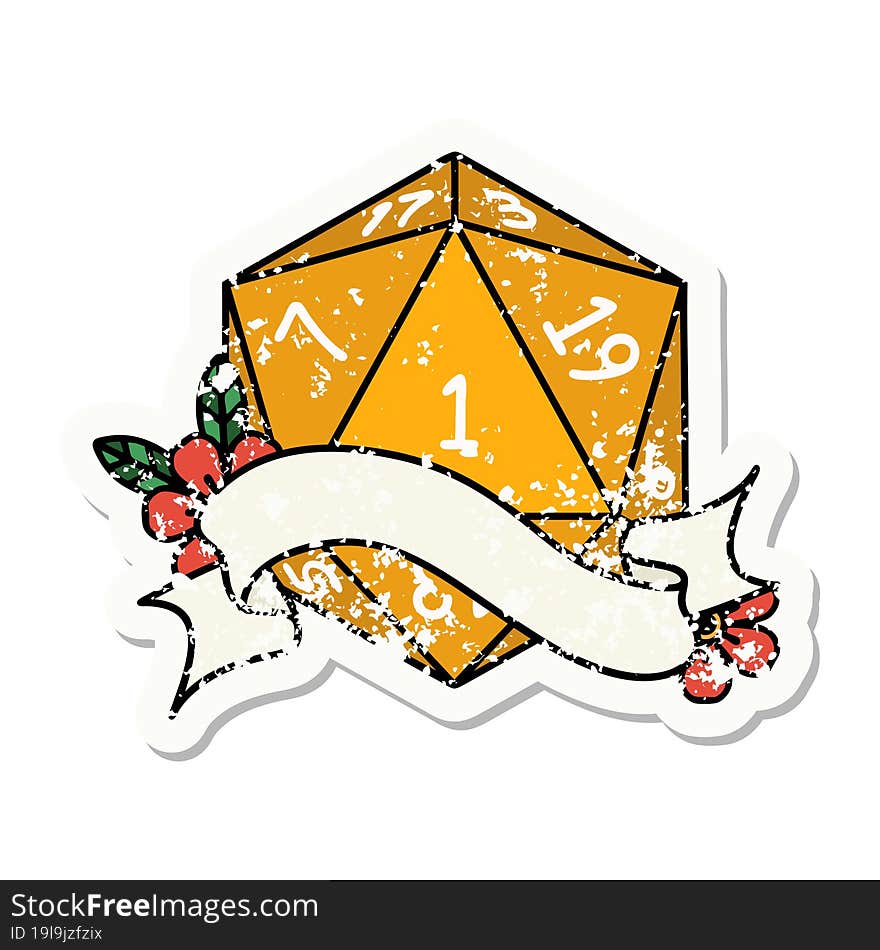 grunge sticker of a natural one d20 dice roll. grunge sticker of a natural one d20 dice roll