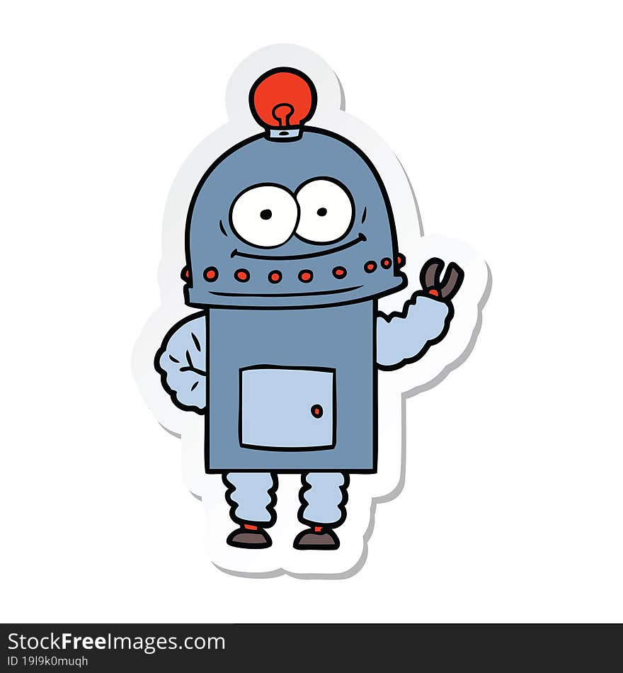 sticker of a happy carton robot with light bulb