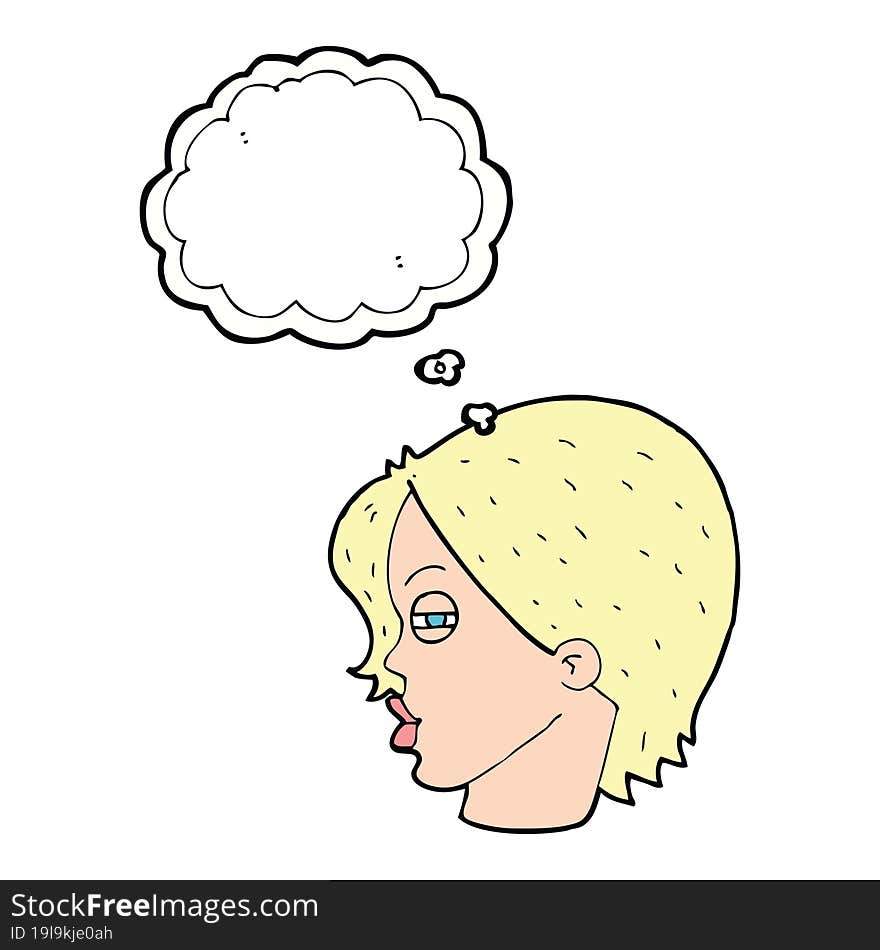 cartoon female face with narrowed eyes with thought bubble