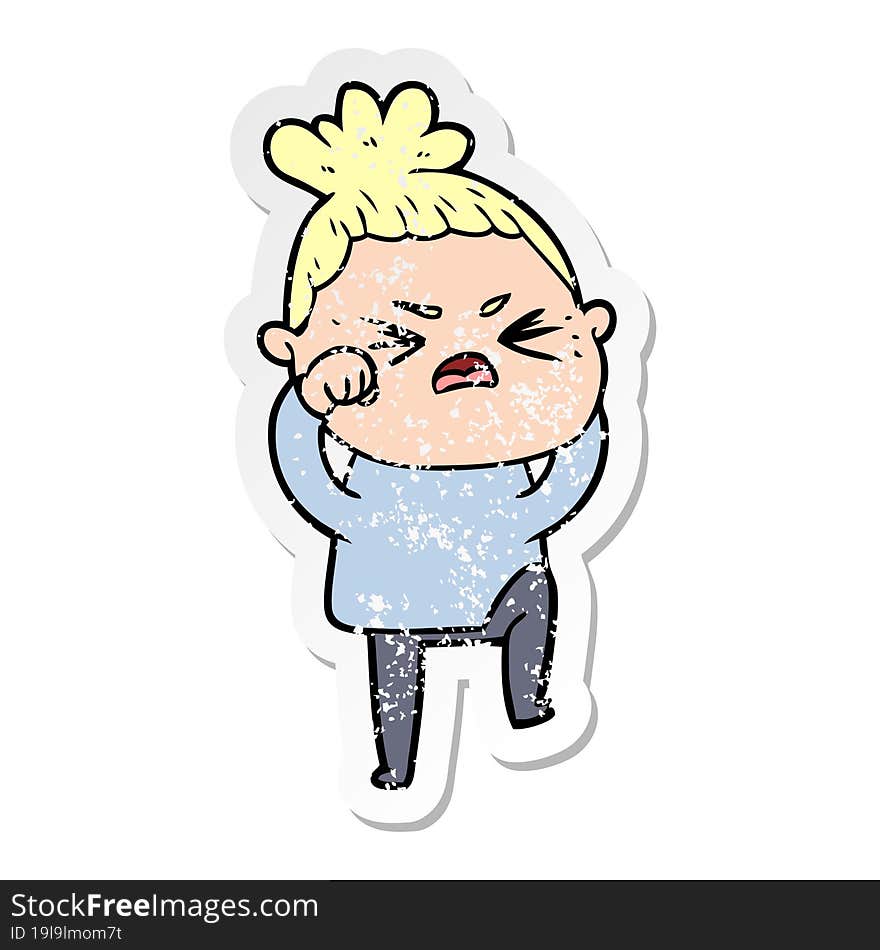 distressed sticker of a cartoon angry woman